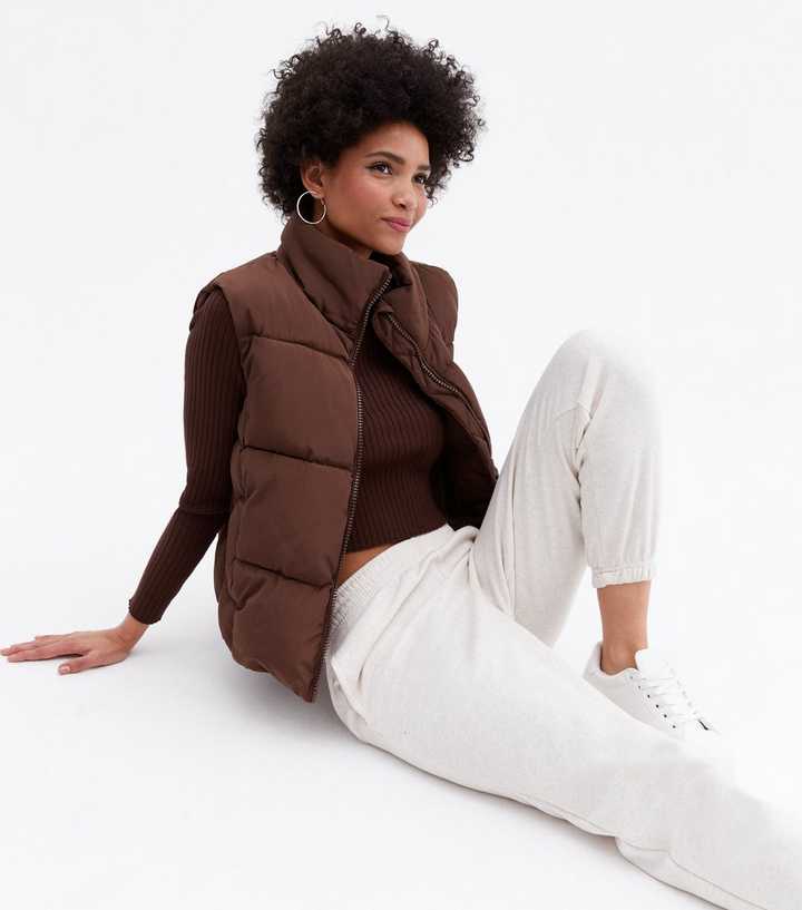 Brown Crop High Neck Boxy Gilet