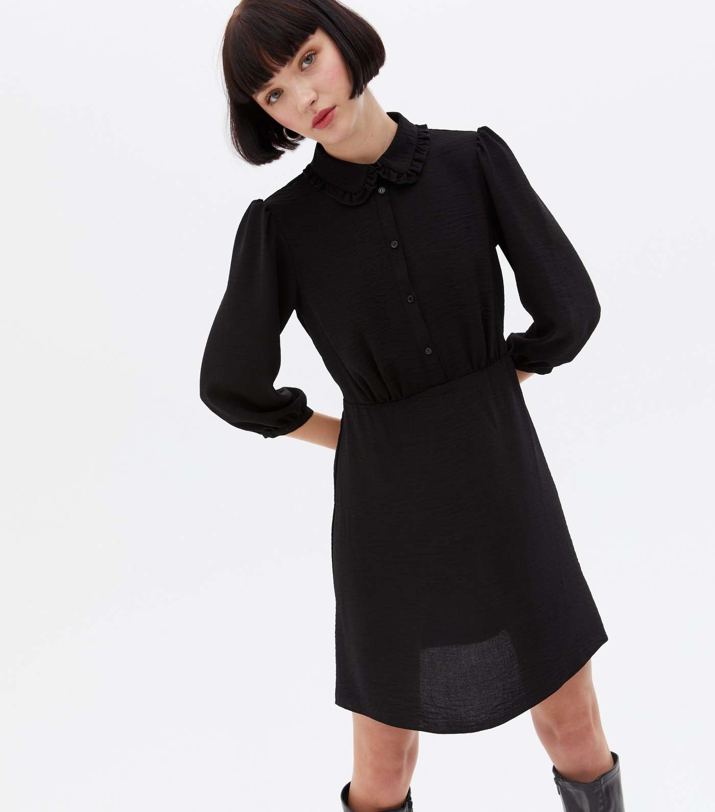 Black Herringbone Frill Collar Mini Shirt Dress