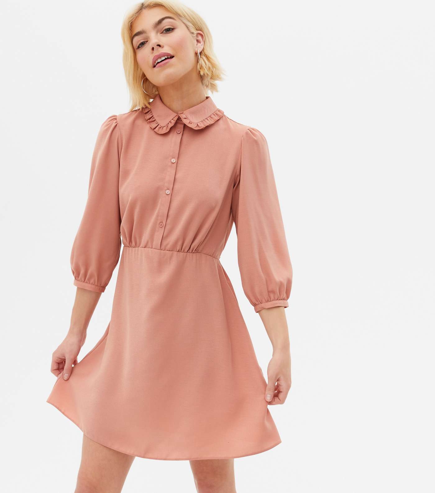 Pale Pink Herringbone Frill Collar Mini Shirt Dress