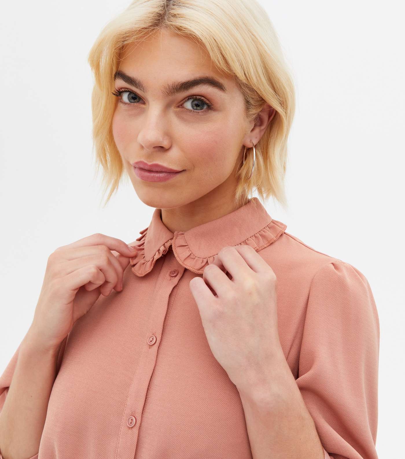 Pale Pink Herringbone Frill Collar Mini Shirt Dress Image 3