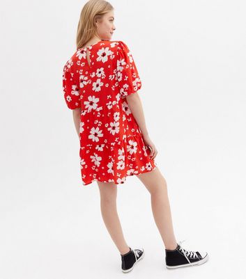 Red Floral Tiered Puff Sleeve Mini Smock Dress New Look