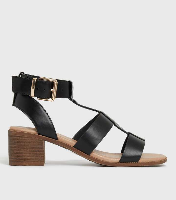 Black Strappy Mid Block Heel Sandals