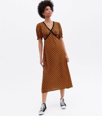 Orange Gingham Lace Trim V Neck Midi Dress
