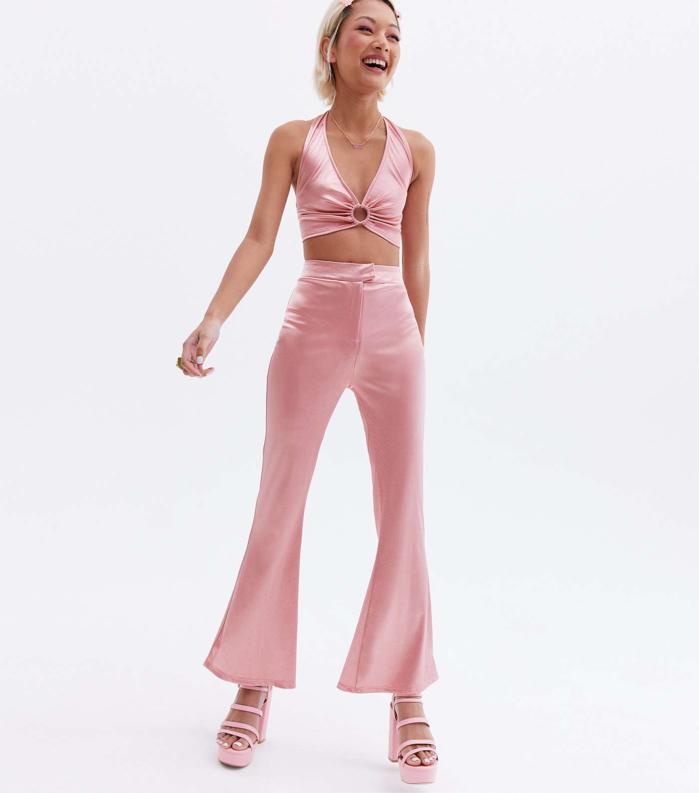 Time to Shine Petite Pink Satin Flared Trousers Image 2