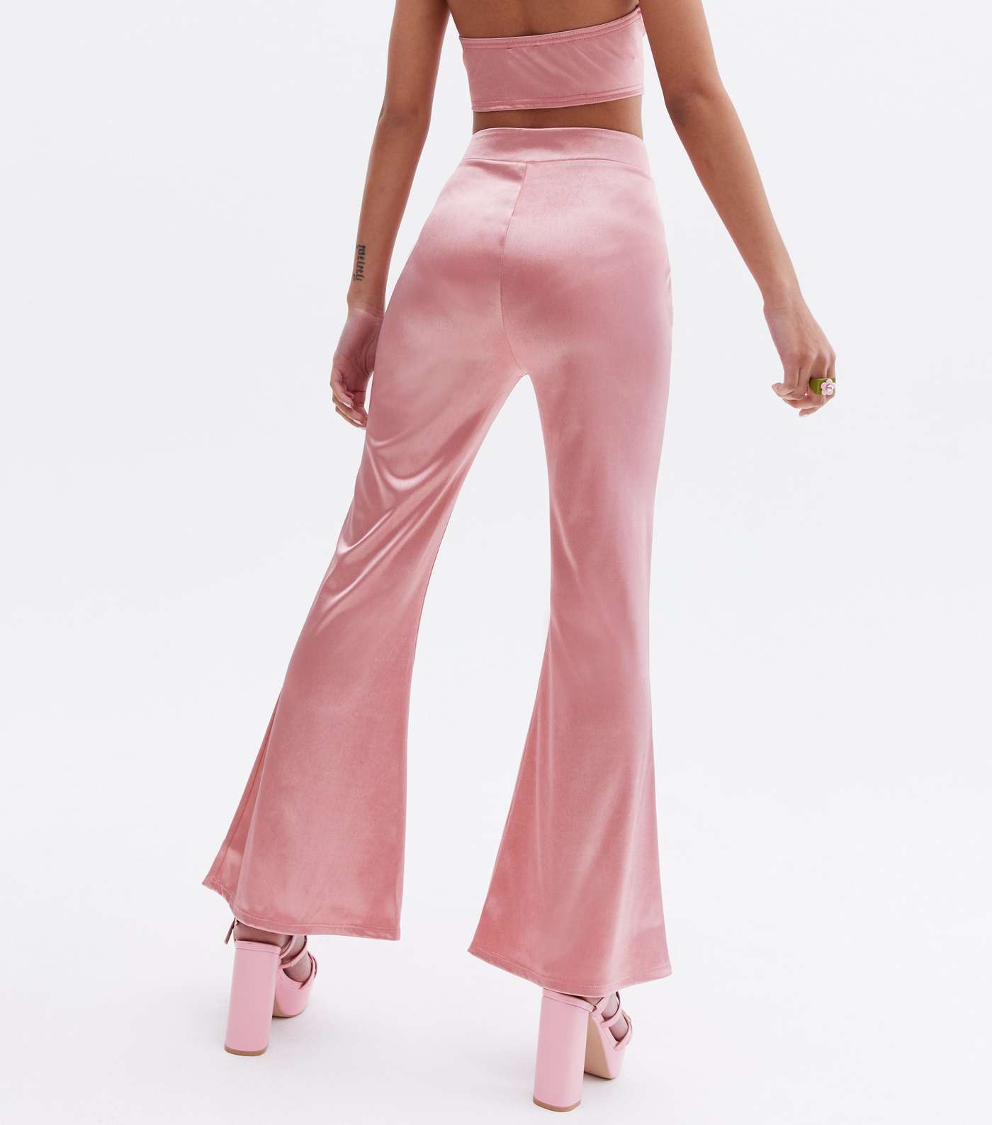 Time to Shine Petite Pink Satin Flared Trousers Image 4