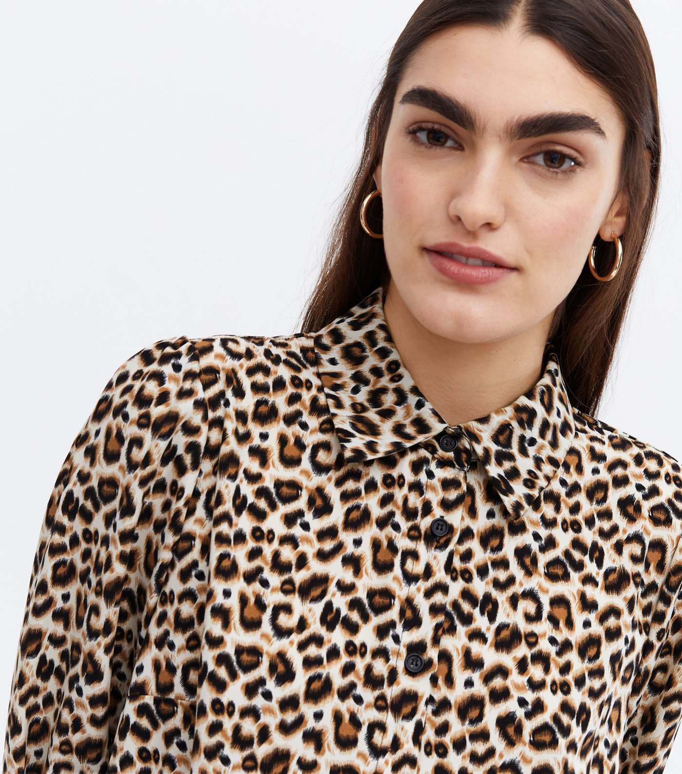 Brown Leopard Print Tiered Mini Smock Shirt Dress Image 3