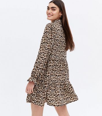 Brown Leopard Print Tiered Mini Smock Shirt Dress New Look
