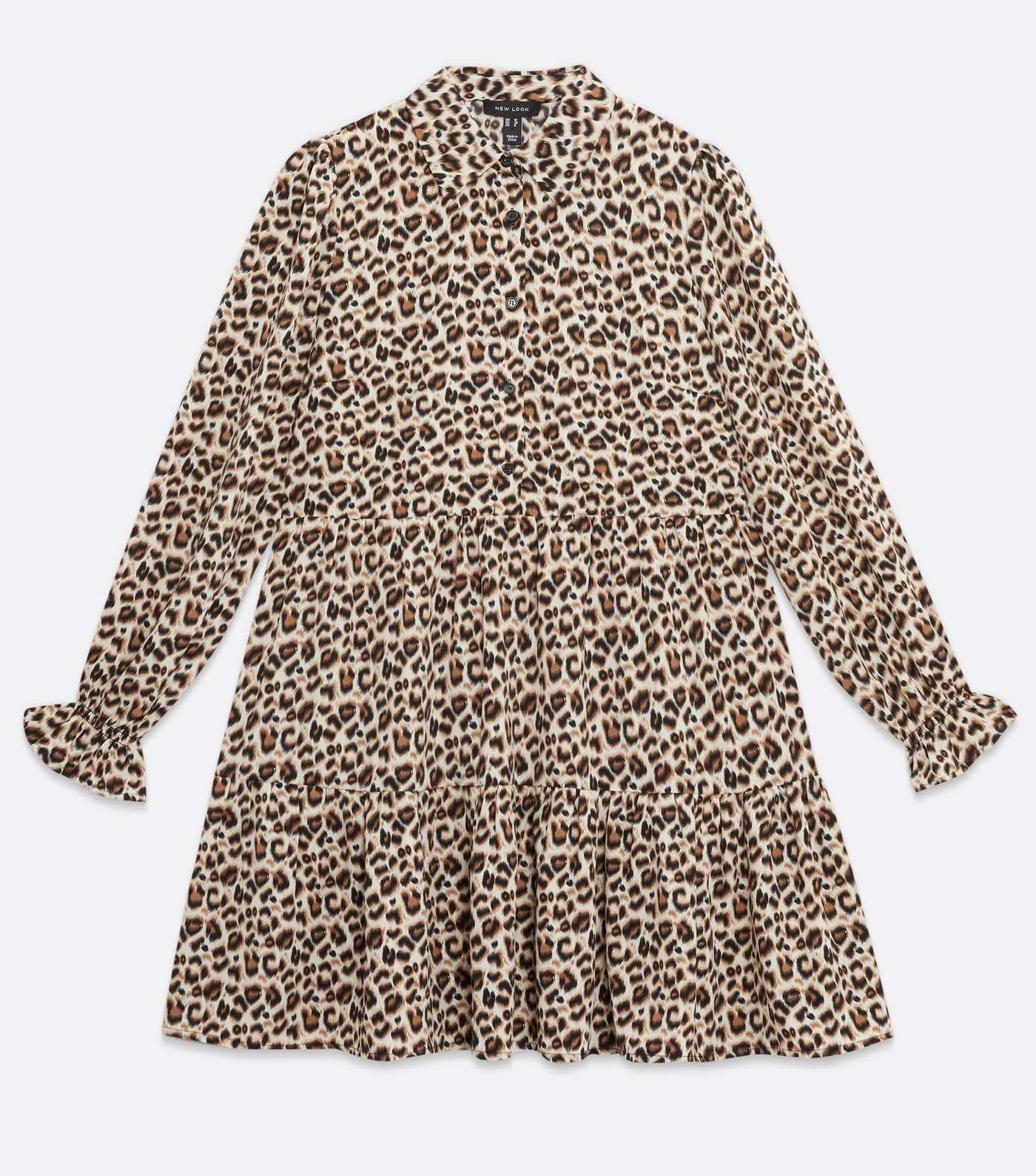 Brown Leopard Print Tiered Mini Smock Shirt Dress Image 5