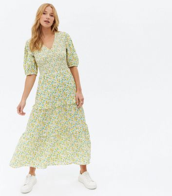 Yellow Floral Shirred V Neck Tiered Midi Dress New Look