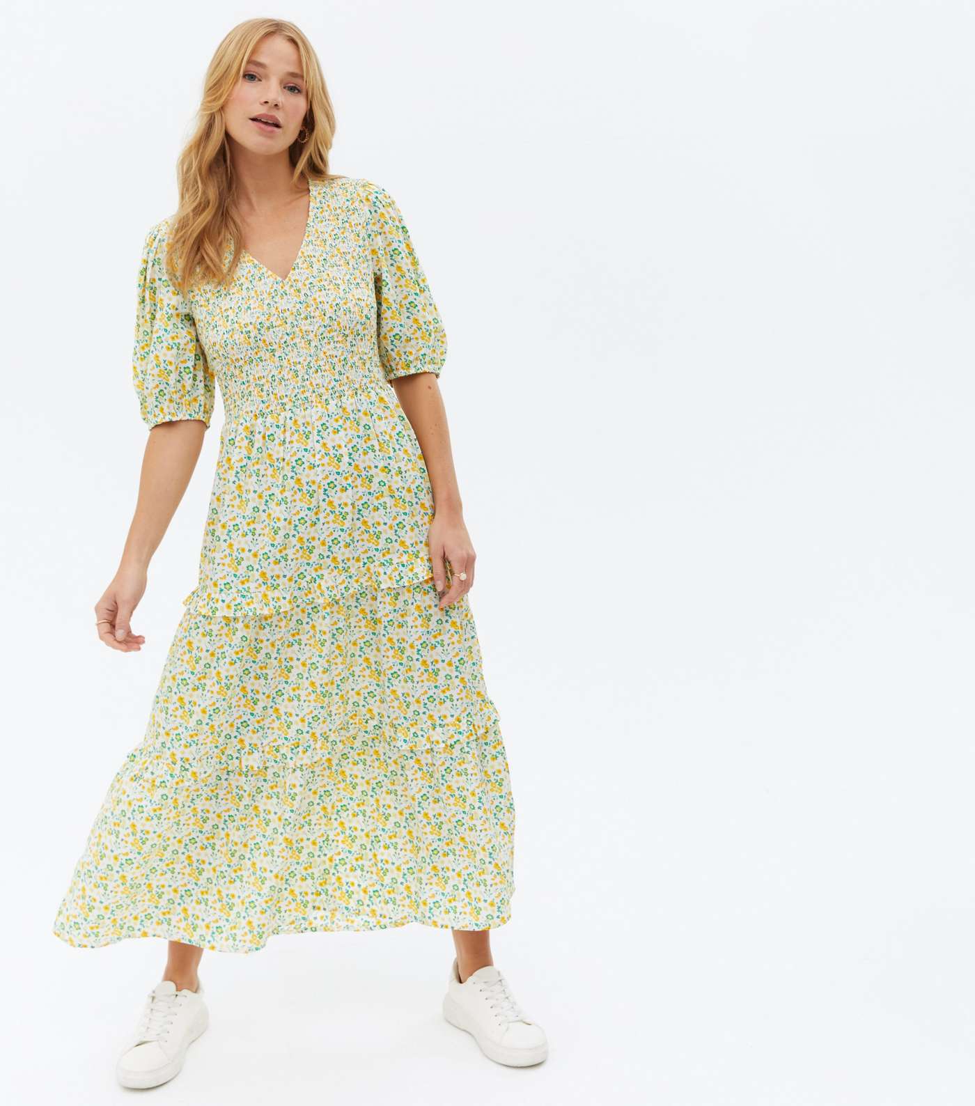 Yellow Floral Shirred V Neck Tiered Midi Dress