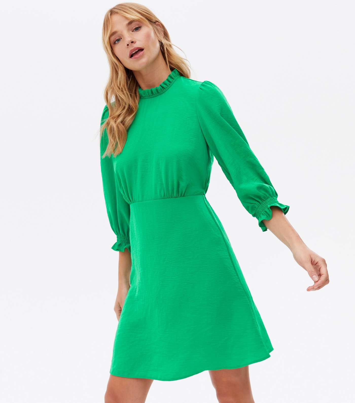 Green Frill High Neck 3/4 Sleeve Mini Dress
