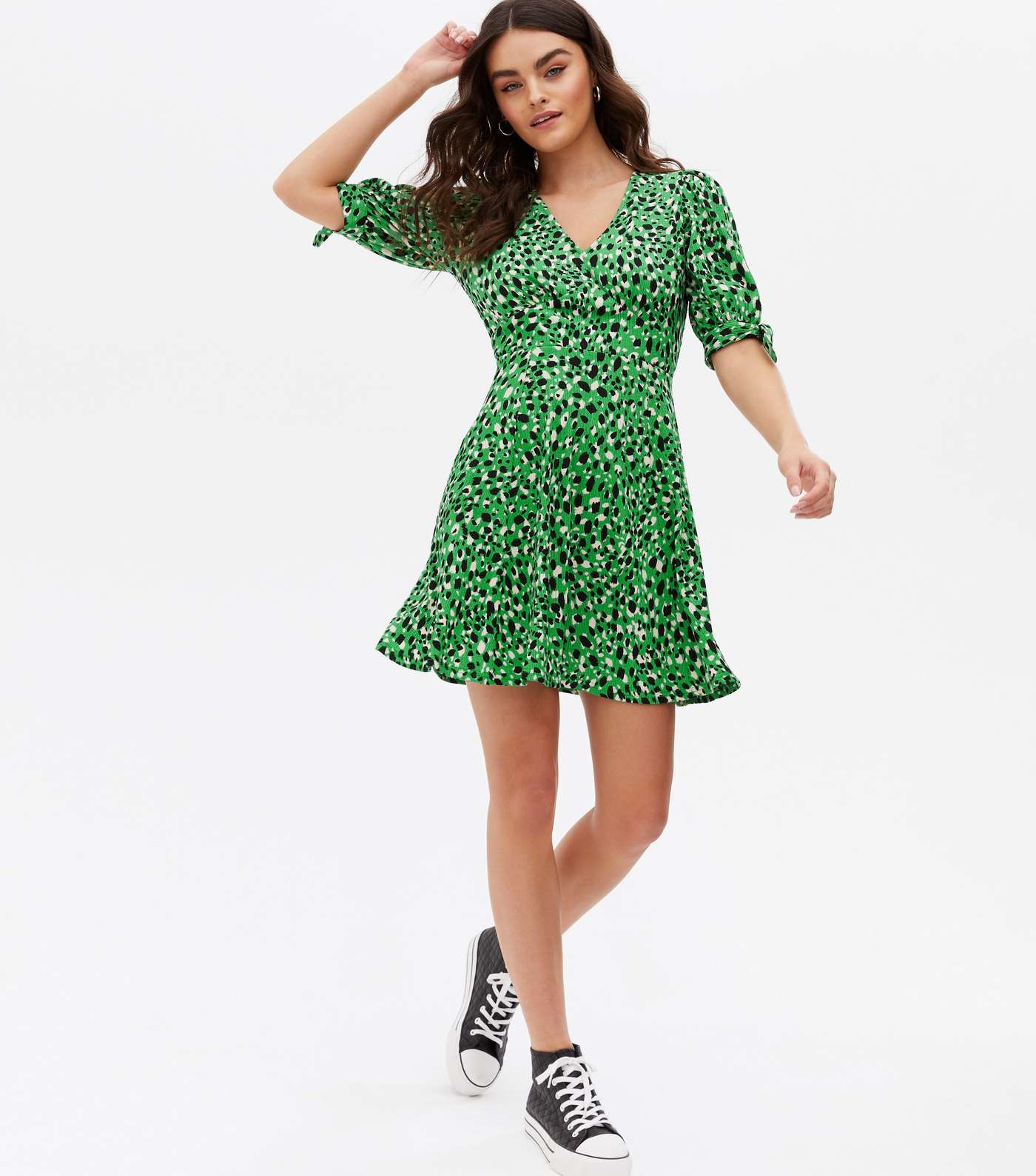 Green Leopard Print Crinkle Jersey Mini Dress