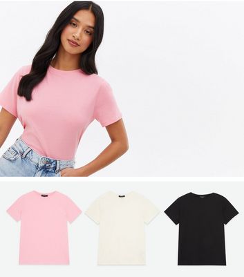 Petite 3 Pack Pale Pink Cream And Black Crew T Shirts New Look