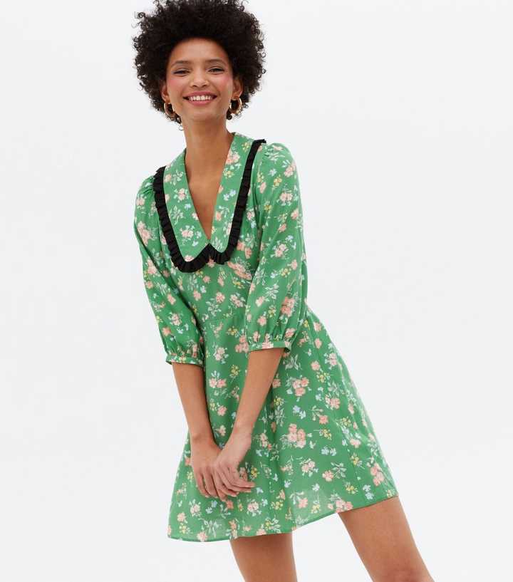 Green Floral Frill Collar Mini Tea Dress