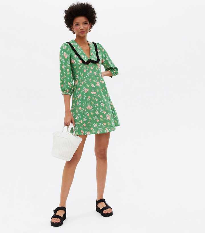 Green Floral Frill Collar Mini Tea Dress | New Look