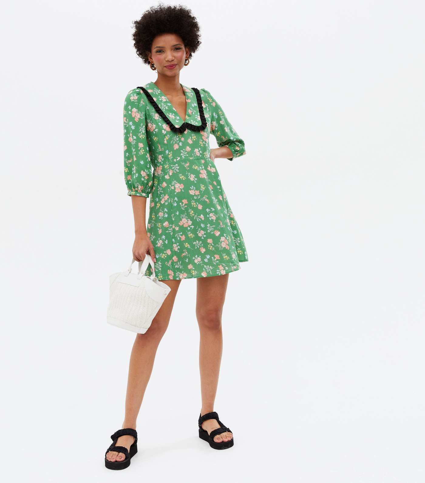Green Floral Frill Collar Mini Tea Dress Image 2