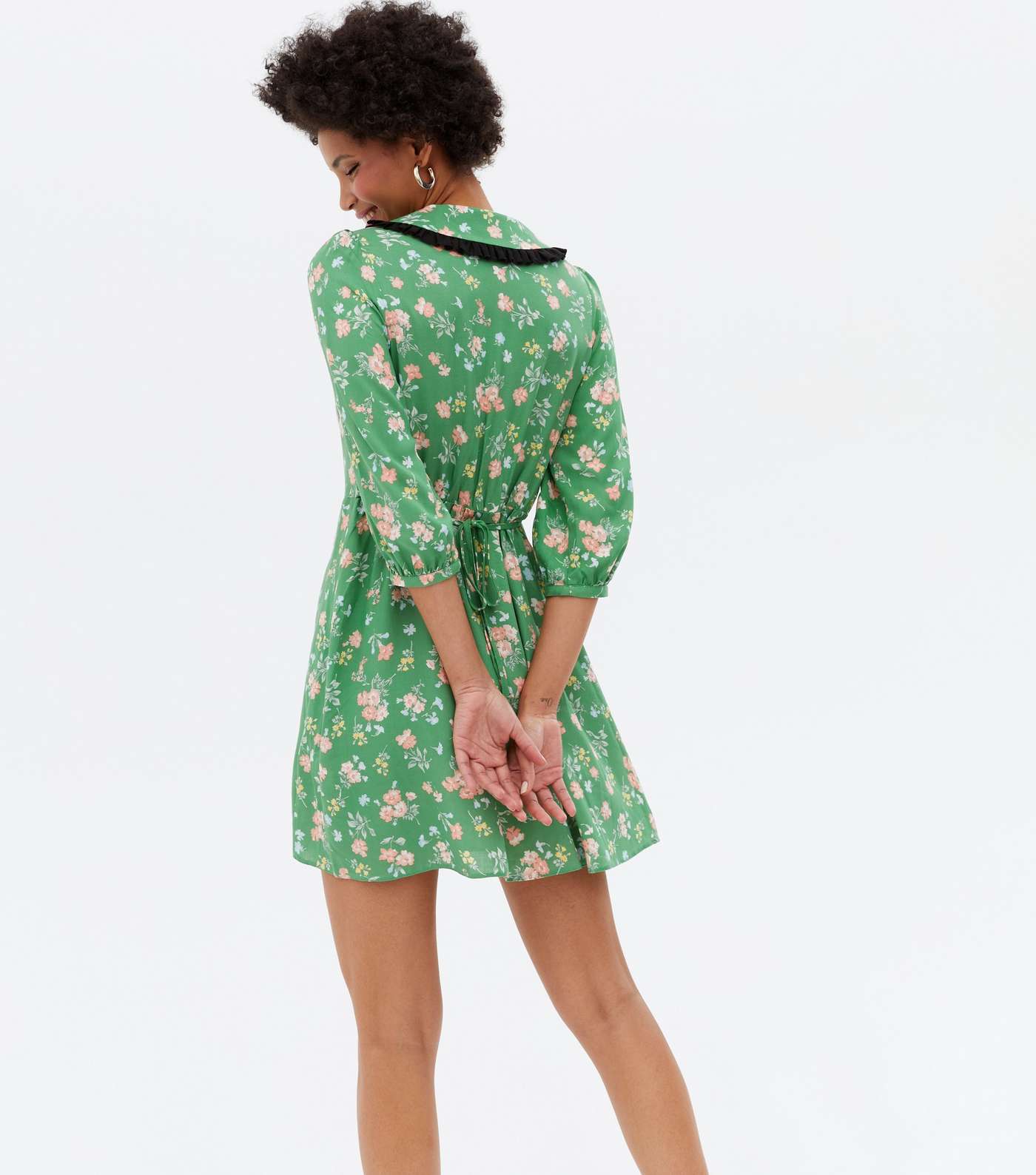 Green Floral Frill Collar Mini Tea Dress Image 4