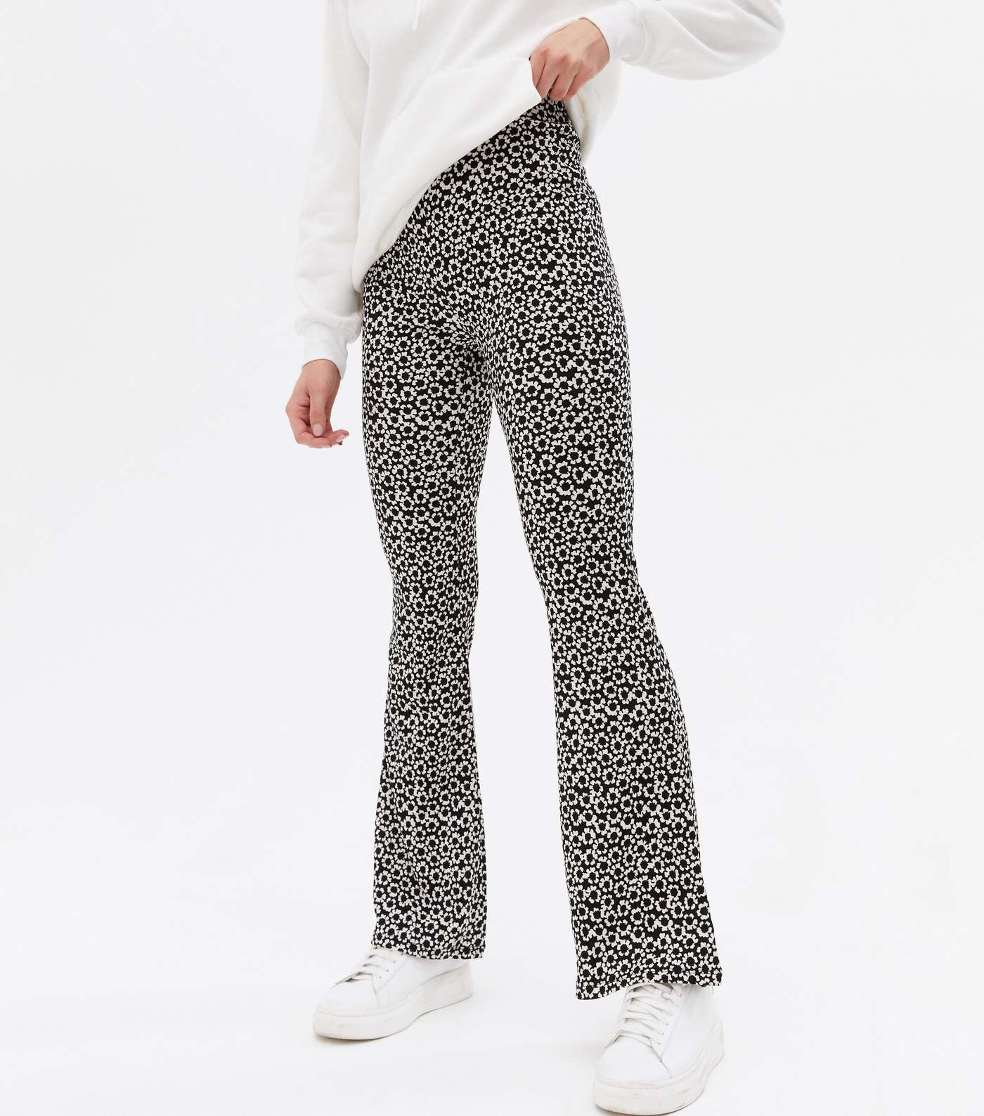 Black Floral Crinkle Flared Trousers Image 2