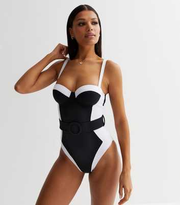 Black Colour Block Belted Illusion Lift & Shape Swimsuit