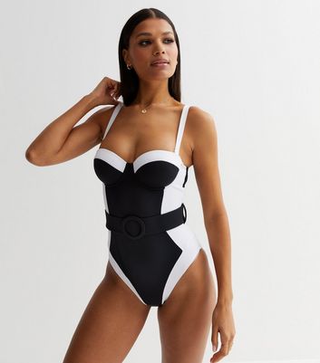 Black Colour Block Belted Illusion Lift Shape Swimsuit New Look