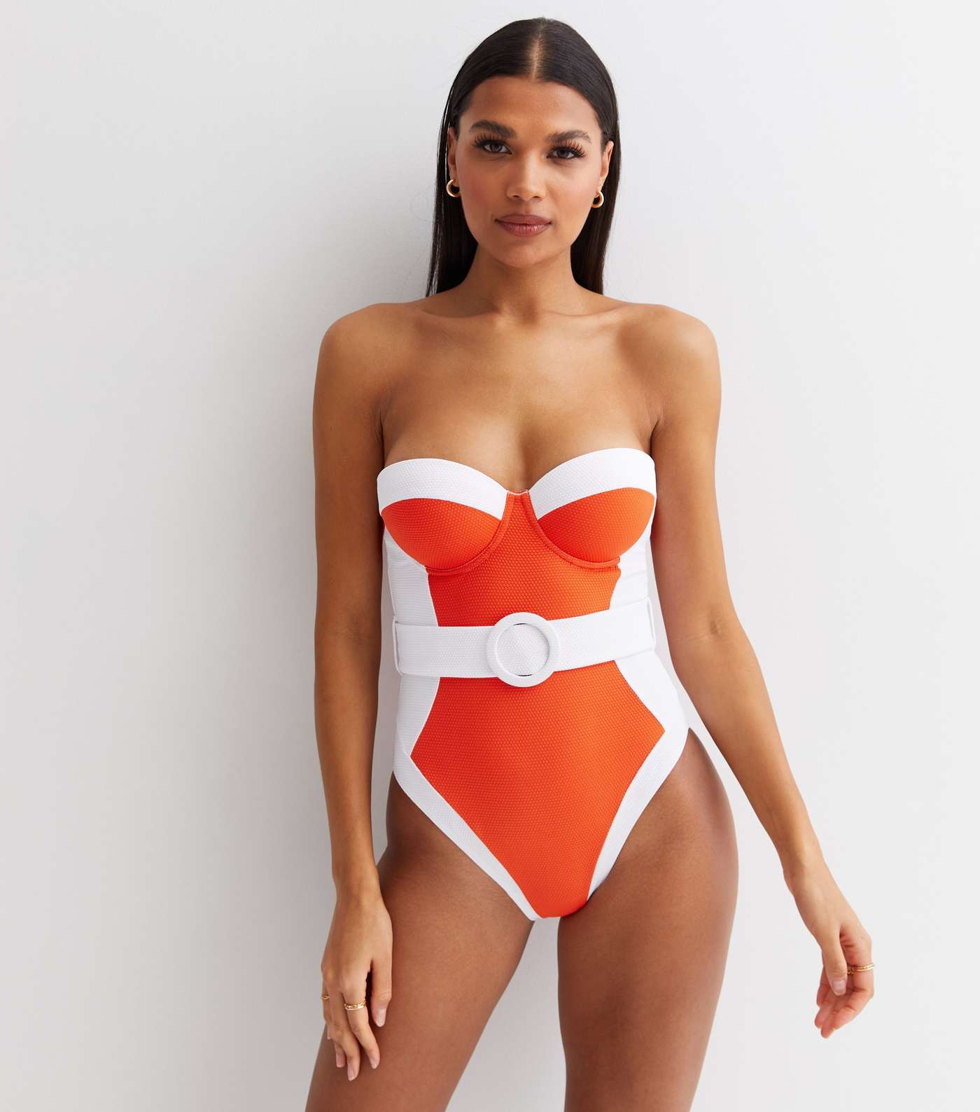 Red Colour Block Belted Illusion Lift & Shape Swimsuit Image 2