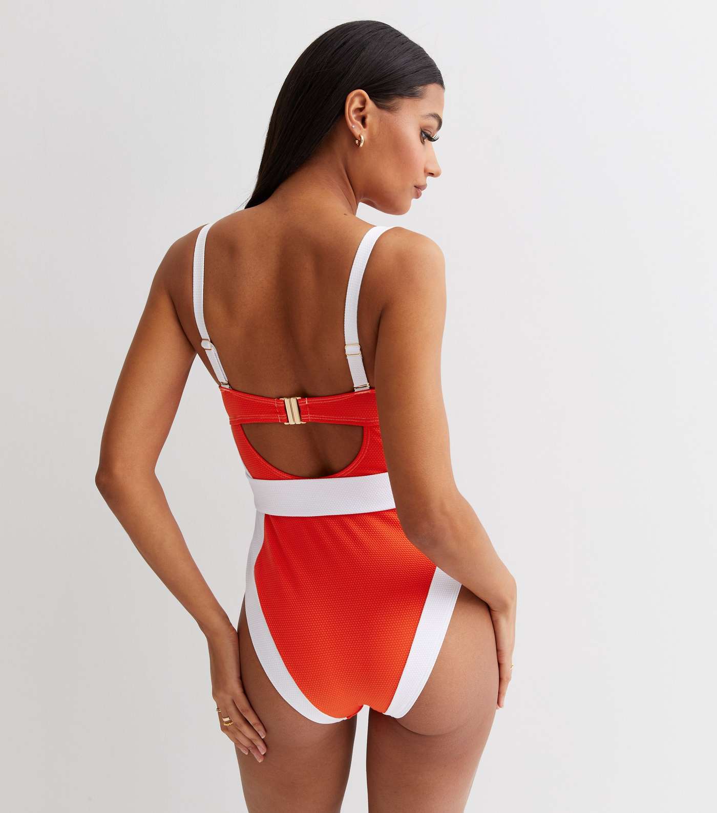 Red Colour Block Belted Illusion Lift & Shape Swimsuit Image 4