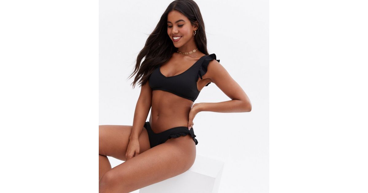 Black Textured Frill Scoop Neck Crop Bikini Top