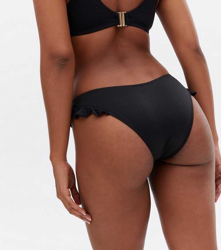 Black Textured Frill Hipster Bikini Bottoms