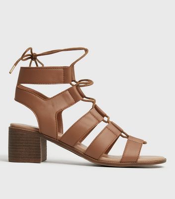 New Look suedette ankle tie platform heeled sandals in tan | ASOS