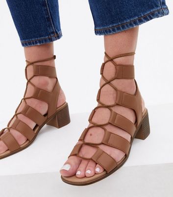 Tan Ghillie Tie Block Heel Sandals New Look