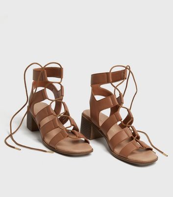 Tan Ghillie Tie Block Heel Sandals New Look