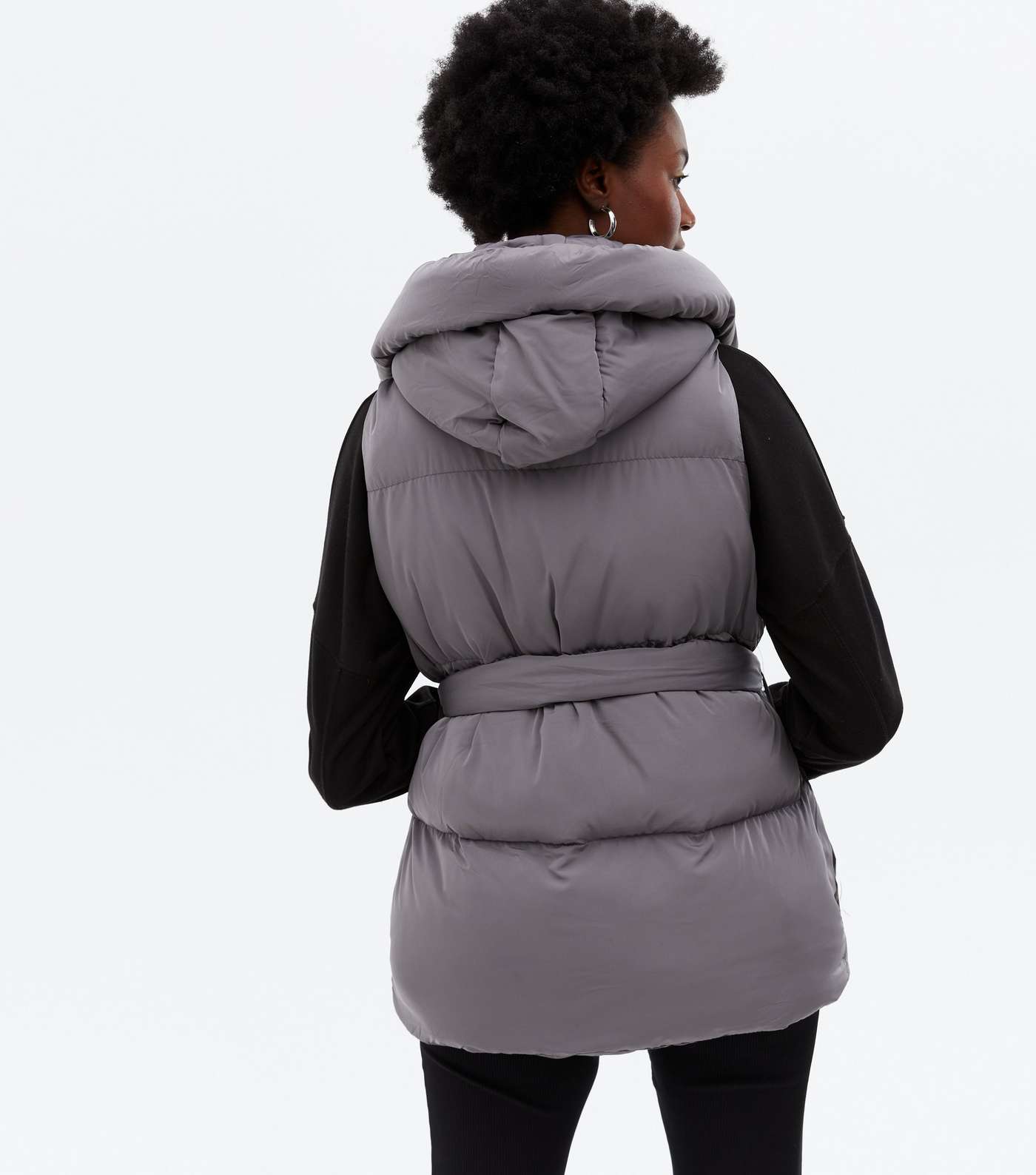 Blue Vanilla Grey Puffer Belted Hooded Gilet Image 4