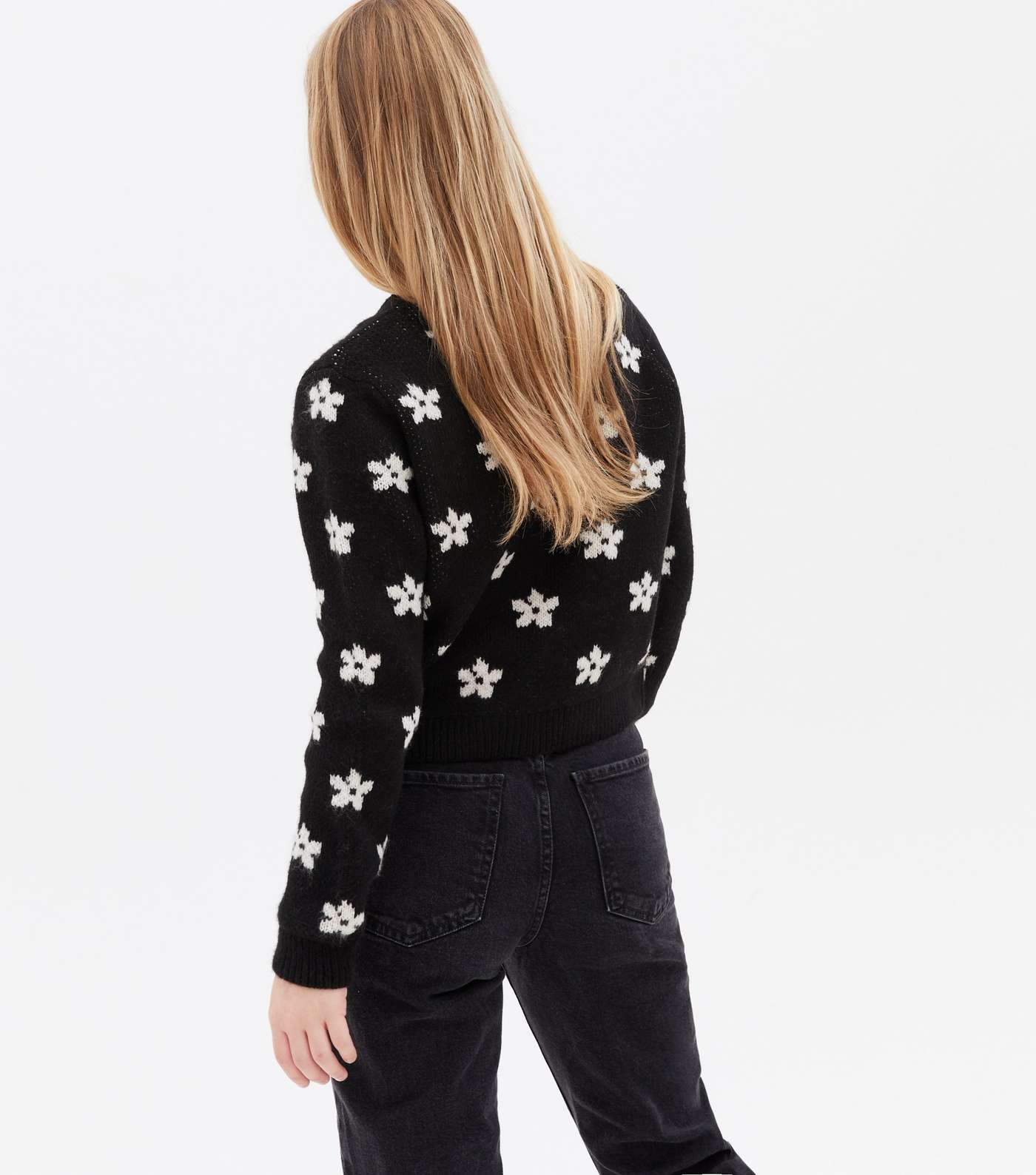 Girls Black Floral Knit Button Cardigan Image 4