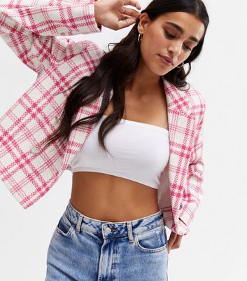 Pink Check Bouclé Crop Blazer | New Look