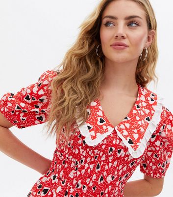 Red Heart Frill Collar Shirred Mini Tea Dress New Look