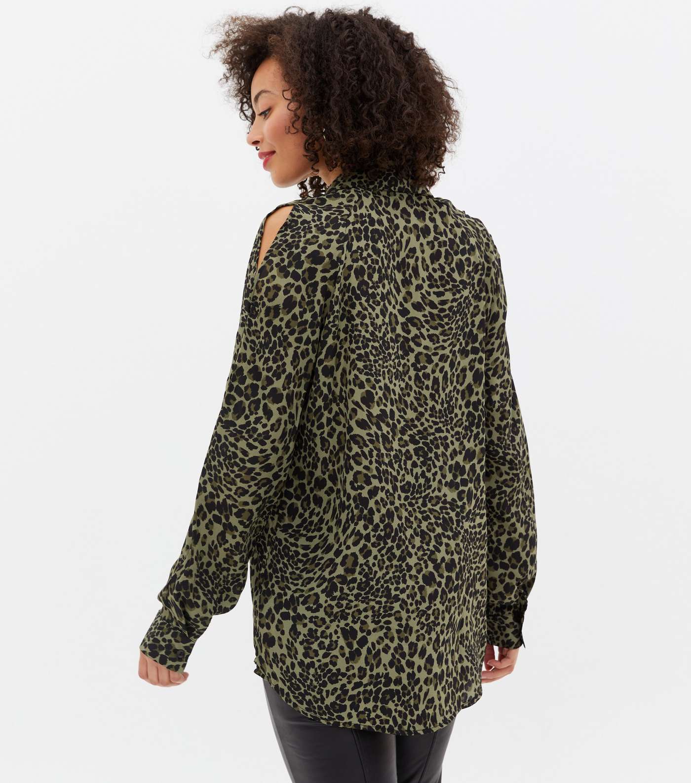 Tall Green Leopard Print Cold Shoulder Shirt Image 4