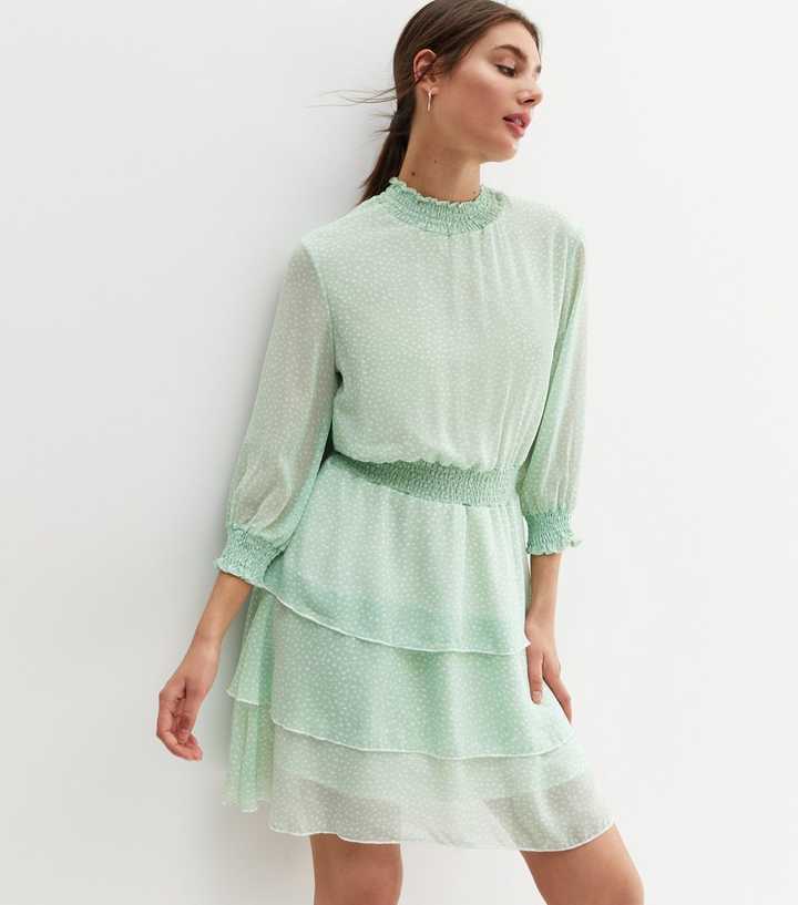 Lace High Neck Long Sleeve Tiered Mini Dress
