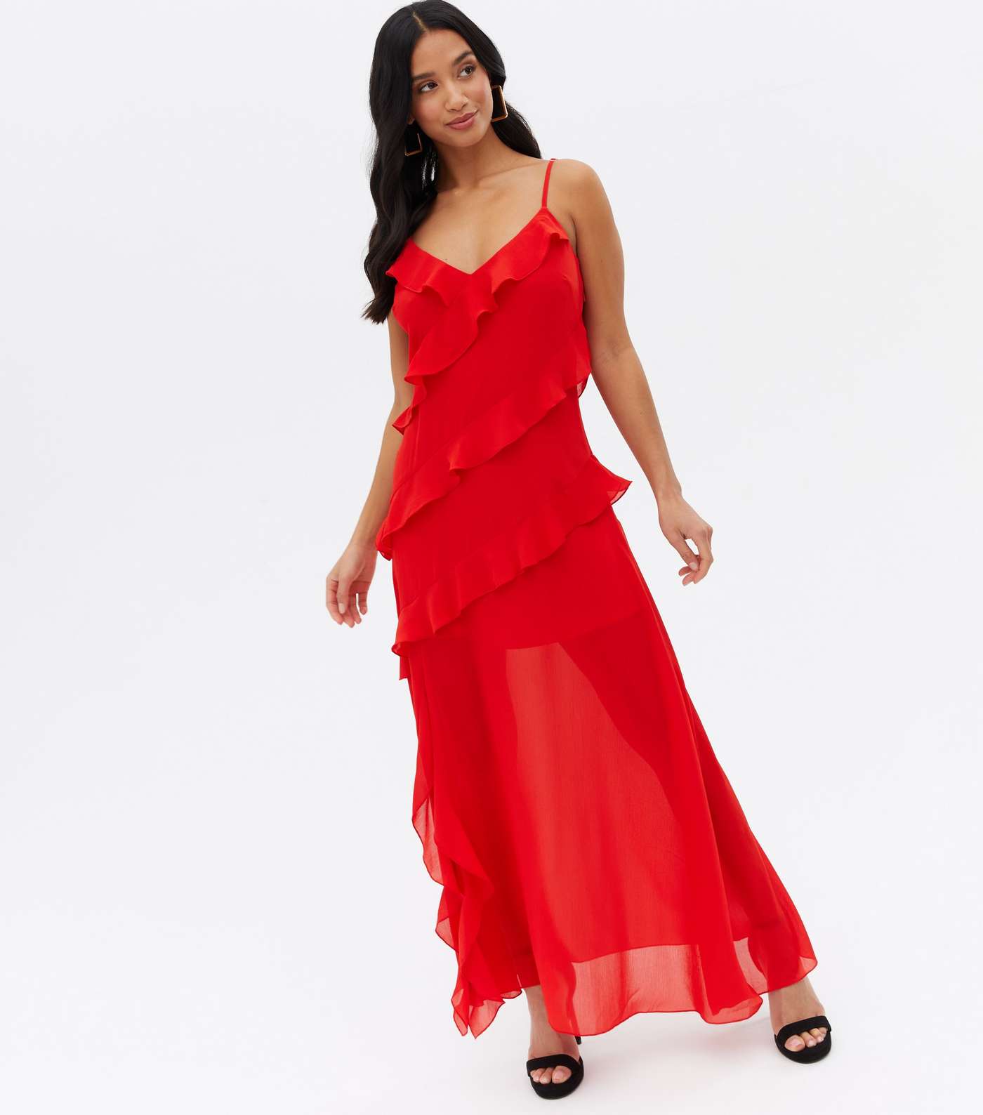 Petite Red Chiffon Strappy Frill Midi Dress Image 2