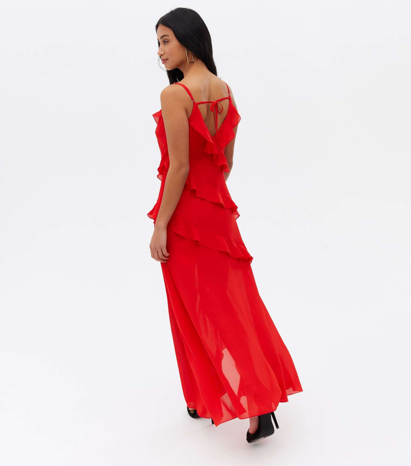 Petite Red Chiffon Strappy Frill Midi Dress Image 4