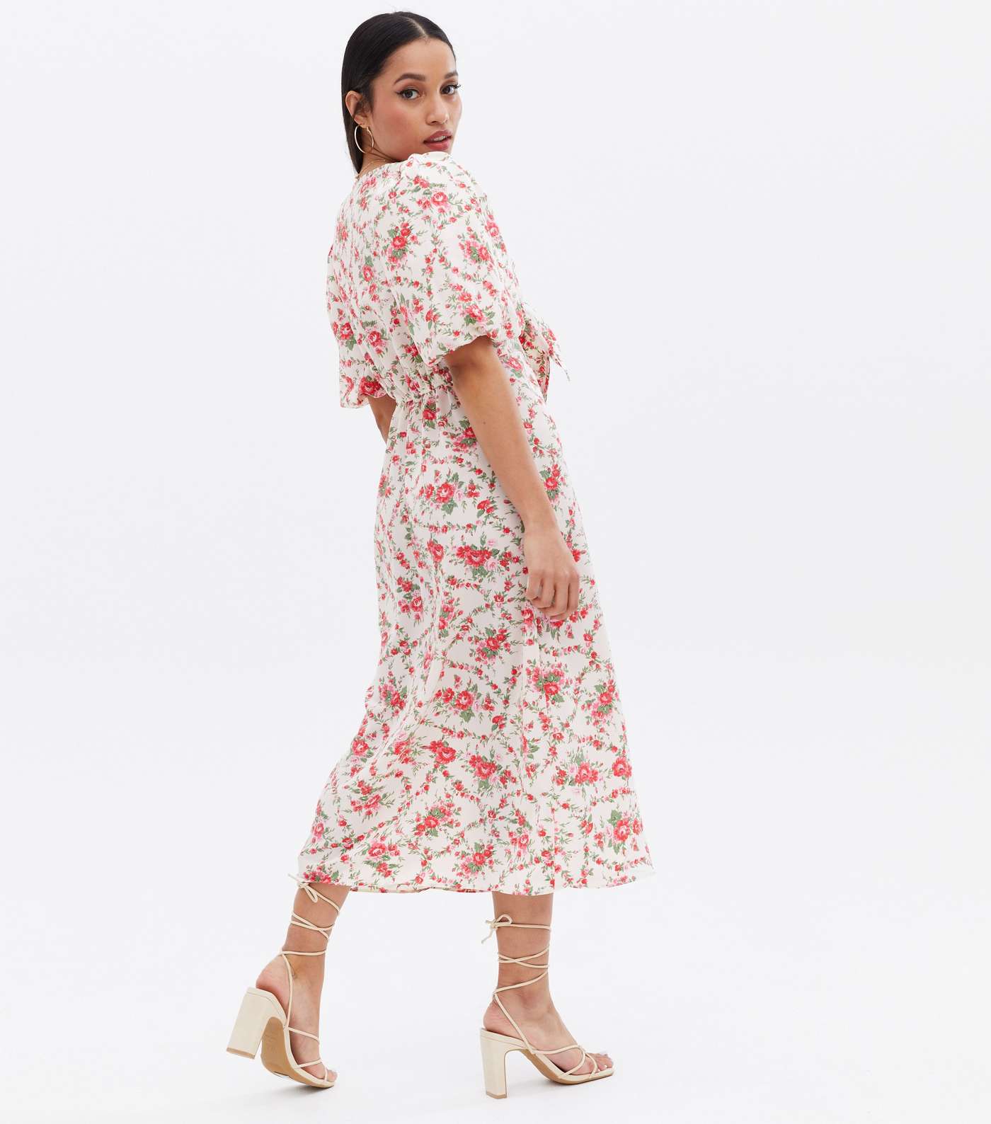 Petite White Floral Tie Front Puff Sleeve Midi Dress Image 4