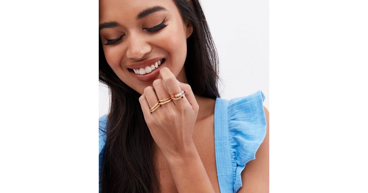 6 Pack Gold Beaded Stacking Rings New Look
