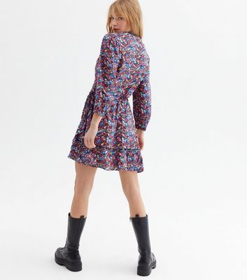shop for Madam Rage Blue Floral Ruffle Mini Wrap Dress New Look at Shopo
