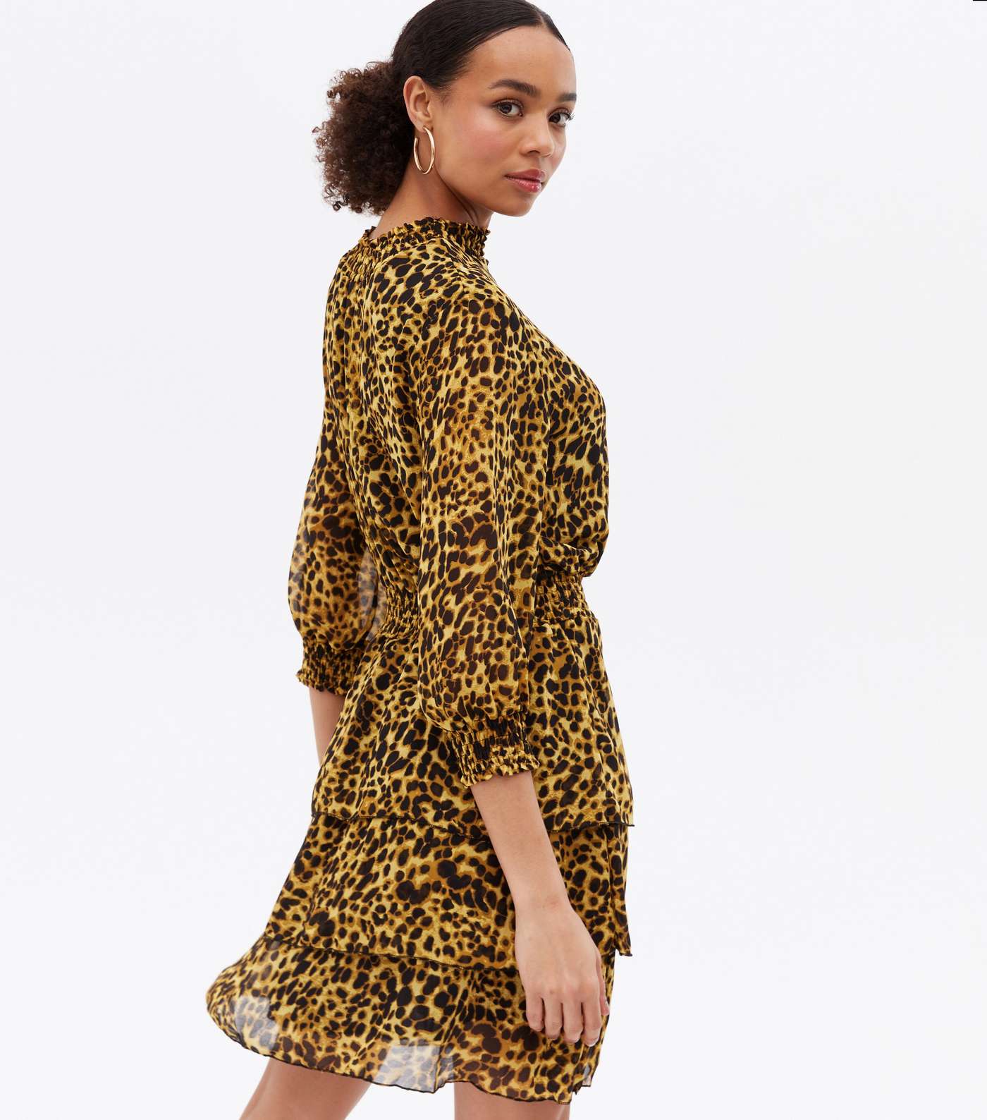 Brown Leopard Print Shirred High Neck Tiered Mini Dress Image 4