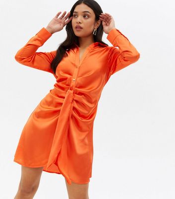 Petite Bright Orange Satin Ruched Mini Shirt Dress New Look