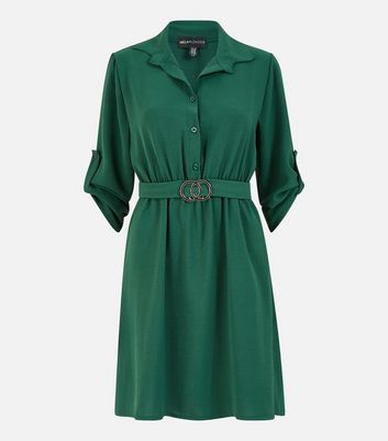 Mela Dark Green Circle Buckle Belted Mini Shirt Dress New Look