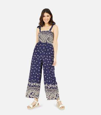 Mela Navy Daisy Shirred Crop Jumpsuit