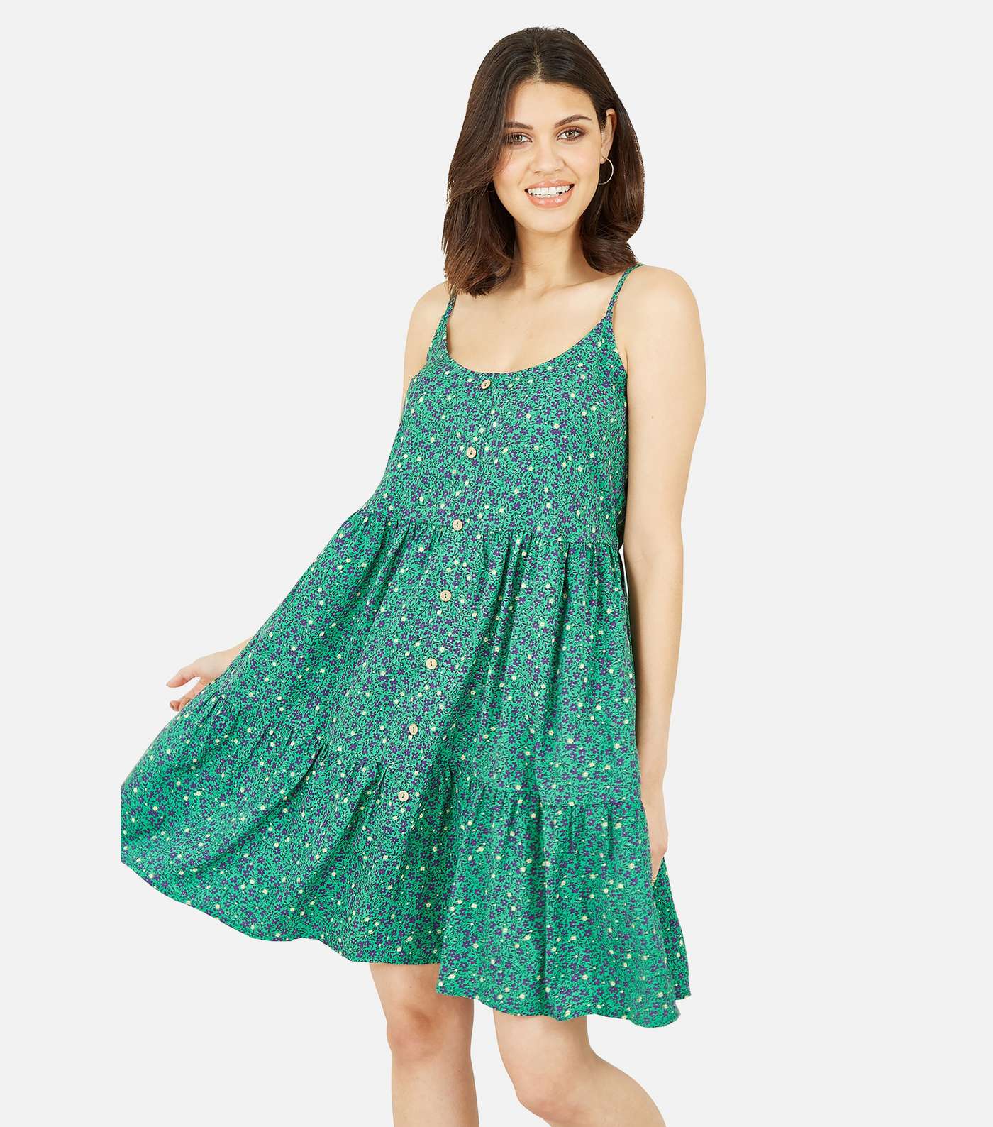 Mela Green Floral Button Tiered Swing Dress