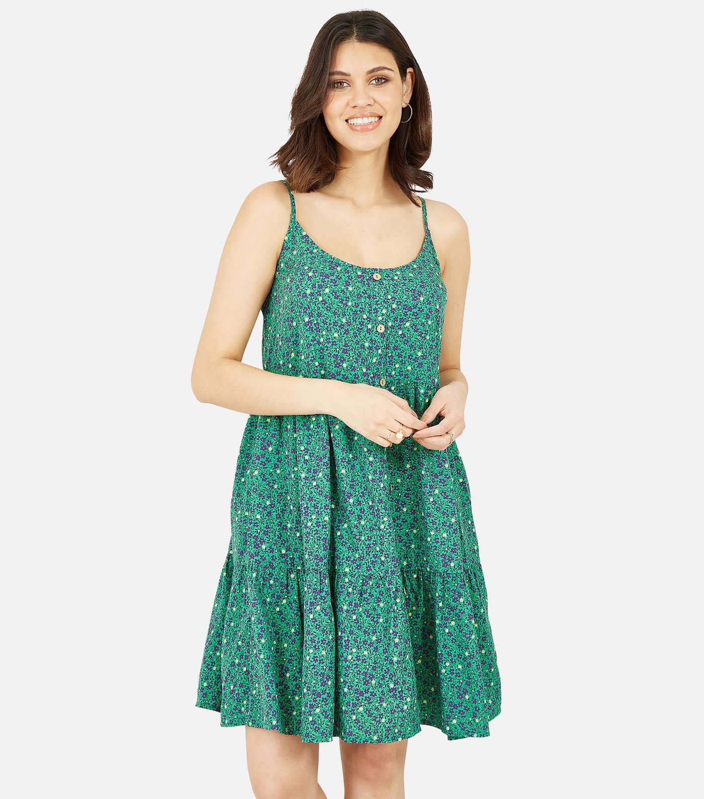 Mela Green Floral Button Tiered Swing Dress Image 3