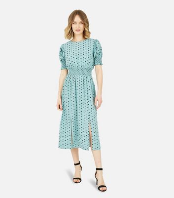 Click to view product details and reviews for Mela Green Polka Dot Shirred Split Midi Dress New Look.