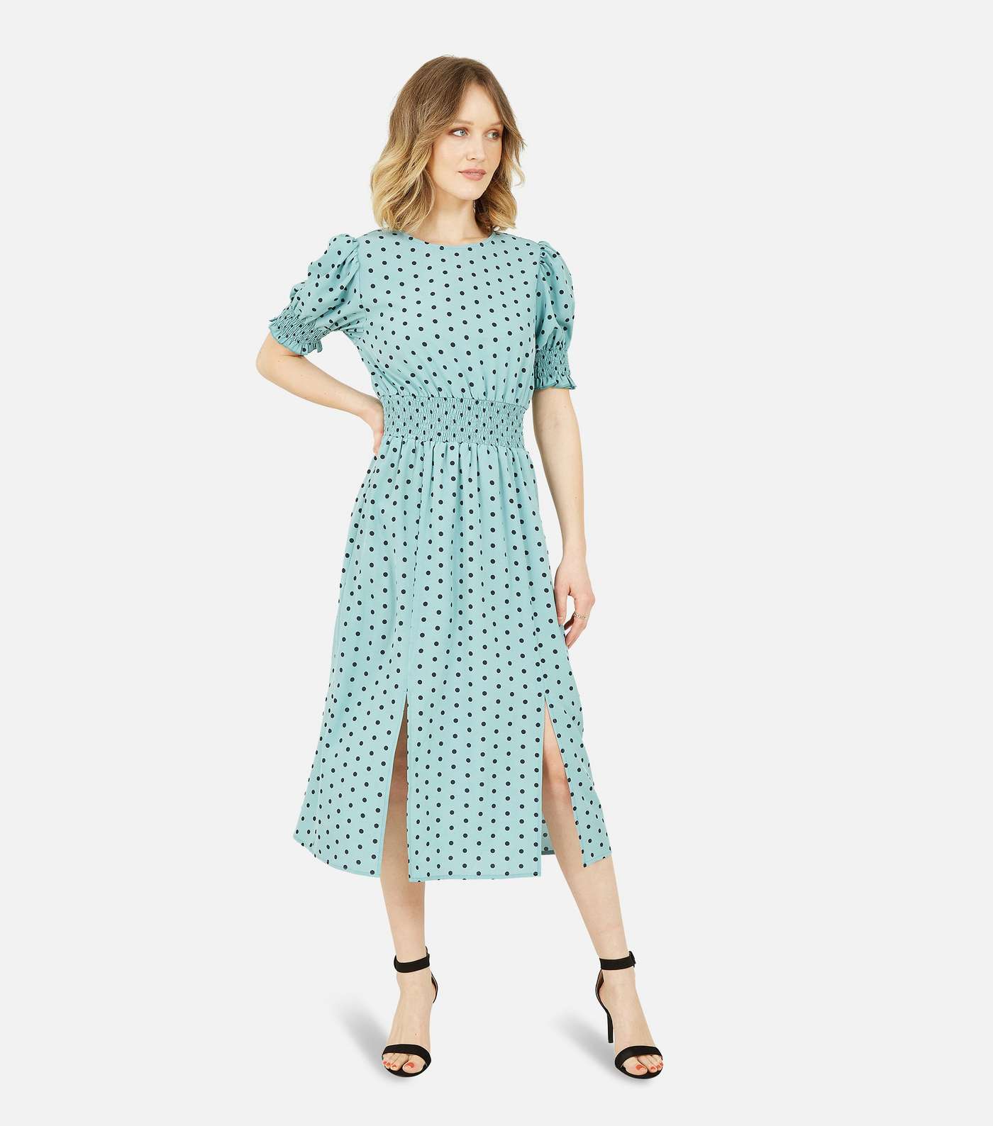 Mela Green Polka Dot Shirred Split Midi Dress Image 2